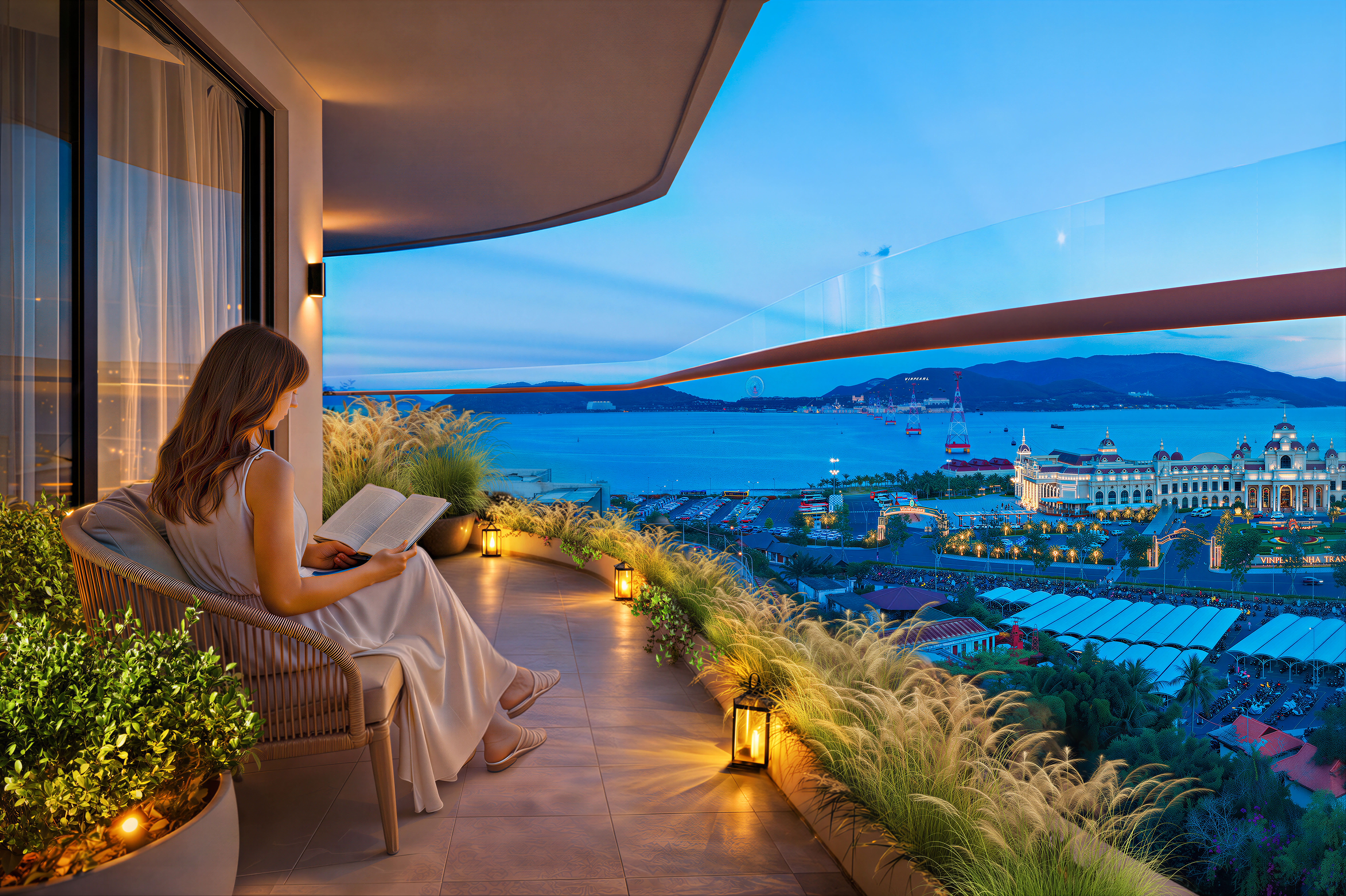 Ban công căn hộ buổi tối — View vịnh Nha Trang