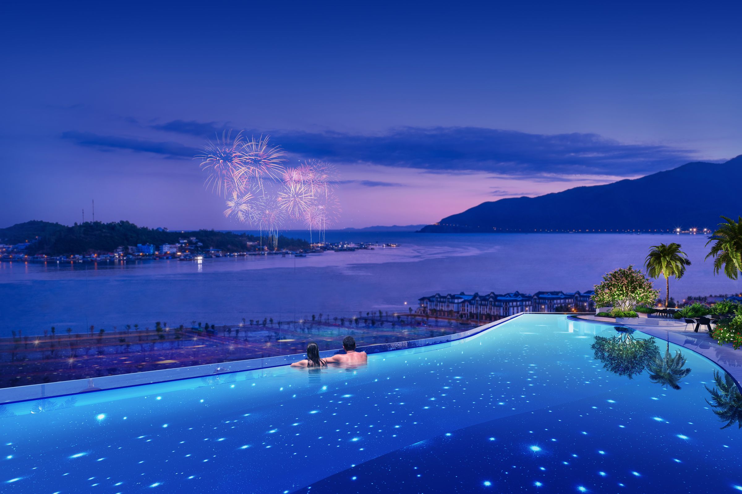 Bể bơi Galaxy đêm pháo hoa — View vịnh Nha Trang